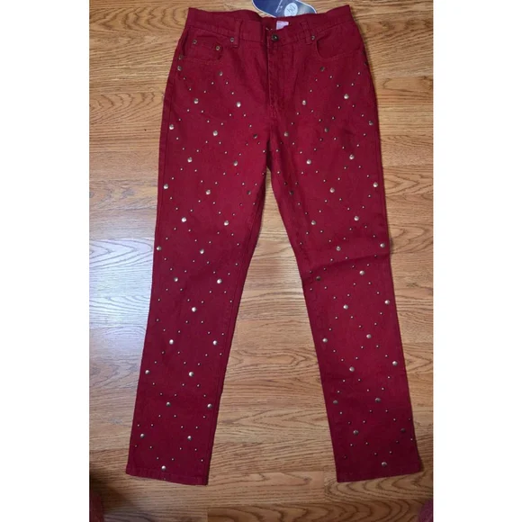 DG by Diane Gilman Red Gold Studded Straight Leg Jeans Size 8 - Picture 2 of 6
